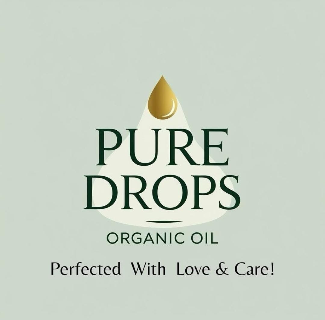 Pure Drops brand mark: a golden oil drop over the wordmark and the tagline Perfected With Love and Care